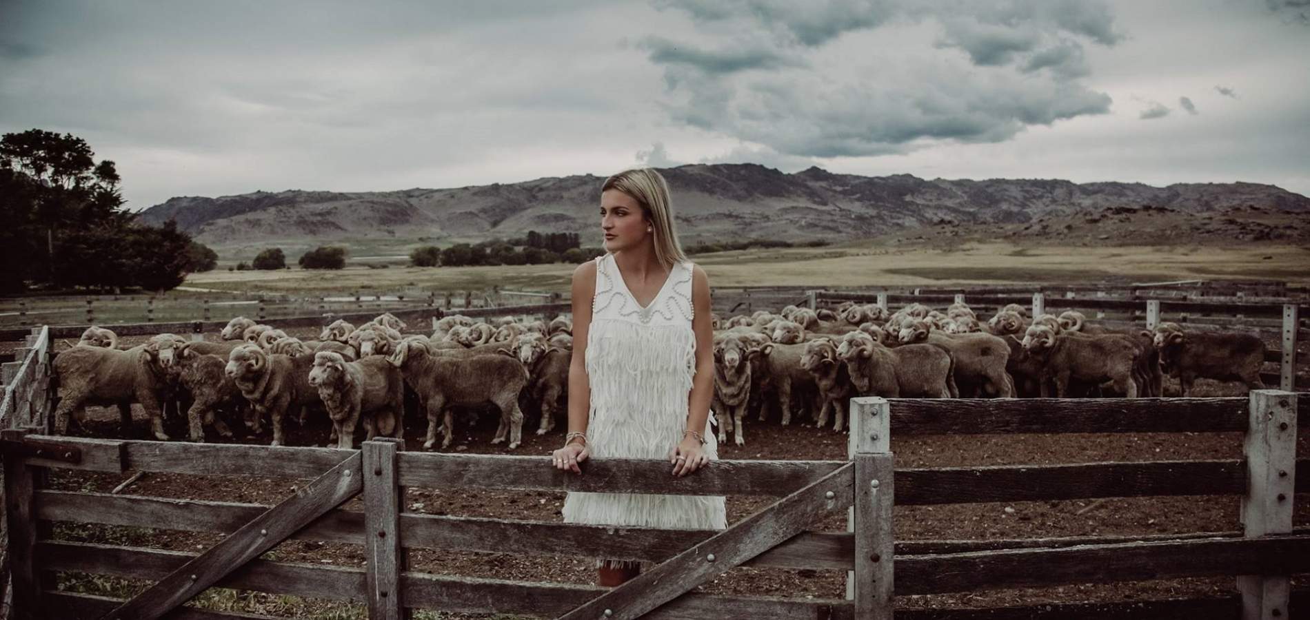 woolon Event Fashion Garments  white dress in sheep yards Photographer Lisa Davidson